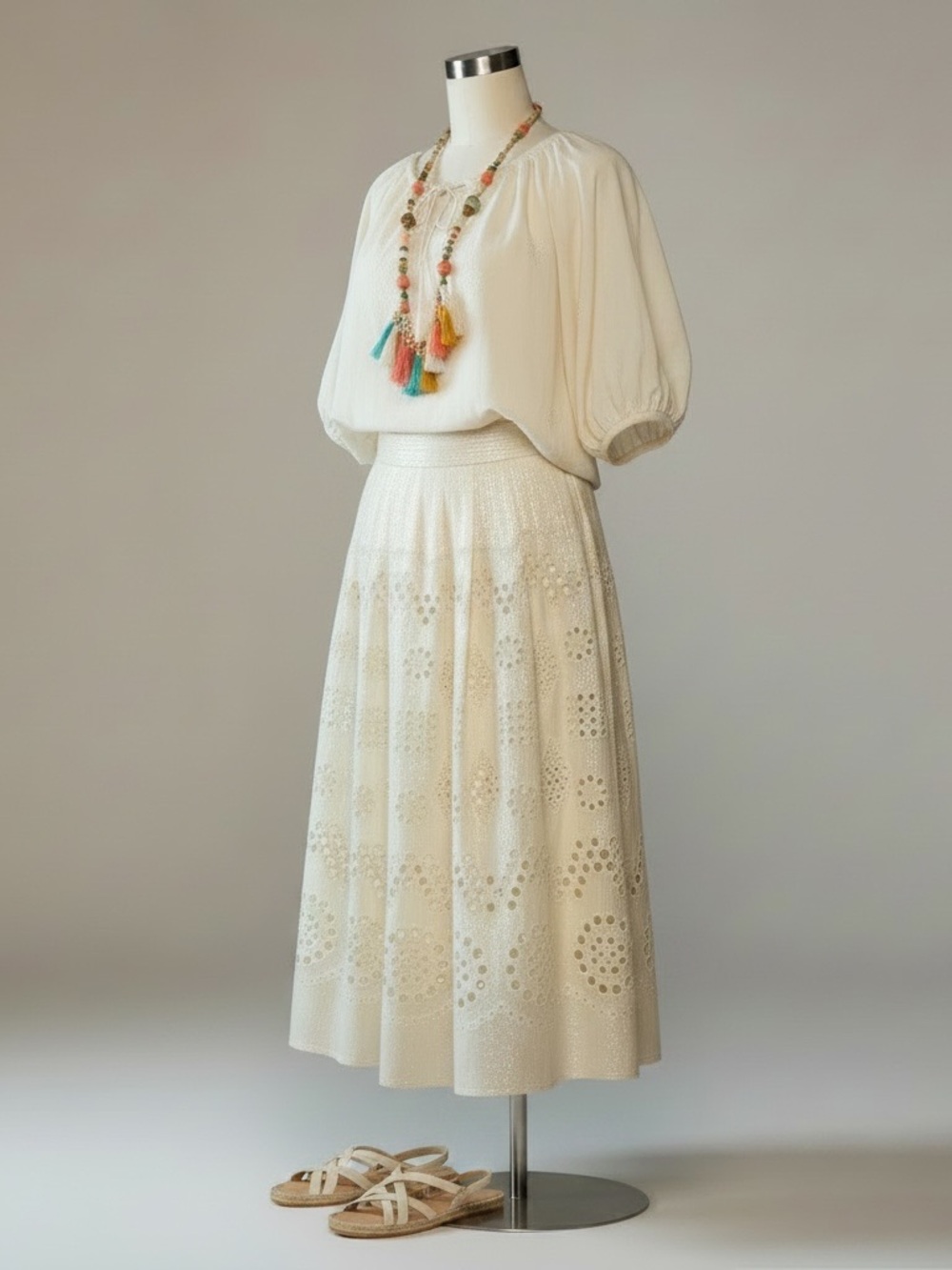 Cream Eyelet A-Line Midi Skirt Classic Summer Style Boho Chic Office Size 10